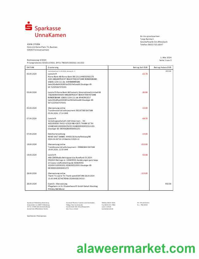 Germany Sparkasse UnnaKamen bank statement Word and PDF template